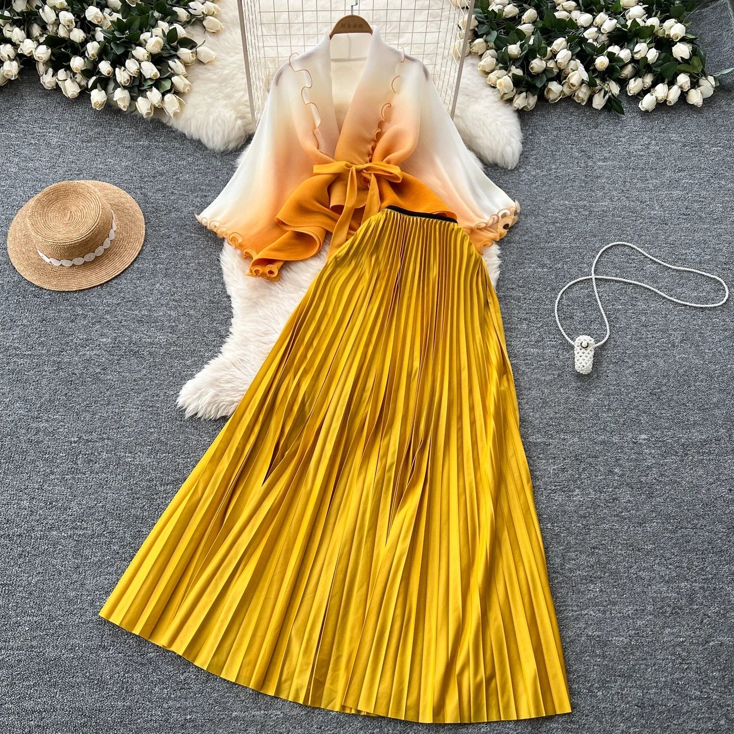 Miyake pli changement progressif couleur bord ondulé costume soleil jupe plissée à la mode et élégant deux pièces ensembles tenues pour femmes