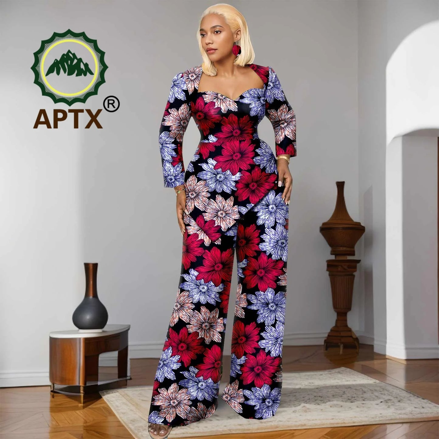 Ensemble deux pièces imprimé africain Ankara pour femmes, haut à manches neuf quarts et pantalon longueur au sol, ensemble décontracté Dashiki avec boucles d'oreilles