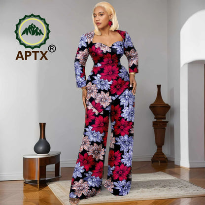 Ensemble deux pièces imprimé africain Ankara pour femmes, haut à manches neuf quarts et pantalon longueur au sol, ensemble décontracté Dashiki avec boucles d'oreilles