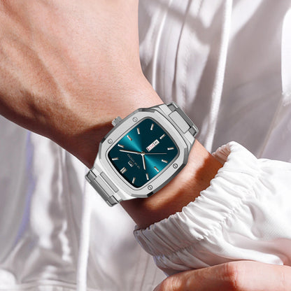 2024 Nouveaux hommes montre mode carré bracelet en acier inoxydable bleu or 3Bar Quartz semaine calendrier simulé affaires sport montre-bracelet