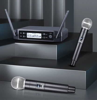 Microphone sans fil portatif à double canal, micro dynamique à fréquence fixe UHF pour karaoké, fête de mariage, spectacle d'église