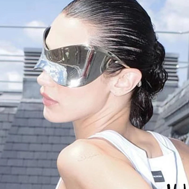 Lunettes de soleil surdimensionnées avec bouclier futuriste pour femmes et hommes, masque argenté à la mode, visière, Punk Y2K