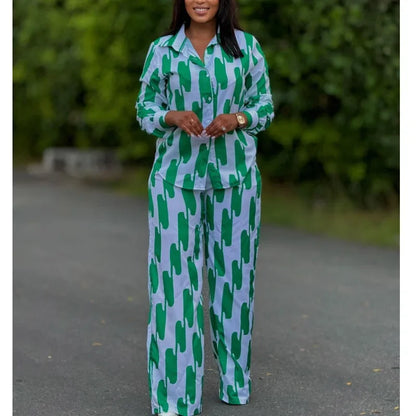 Ensemble deux pièces imprimé à rayures pour femmes, mode africaine, décontracté, boutons, manches longues, chemise, jambes larges, pantalon, printemps automne