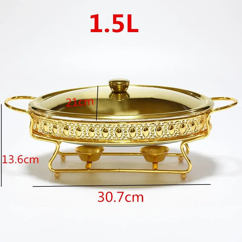 Plat de service en verre en acier inoxydable, petit réchaud, chauffe-plats, Buffet de luxe, ovale doré, hôtel, bol à friction de mariage