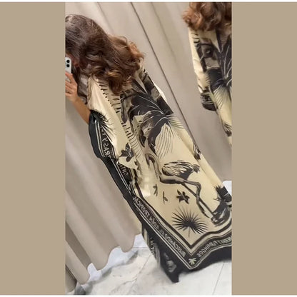 Robes longues plissées imprimées amples pour femmes, élégantes, col rond, manches longues, Robes de vacances, été, mode dubaï, 2025