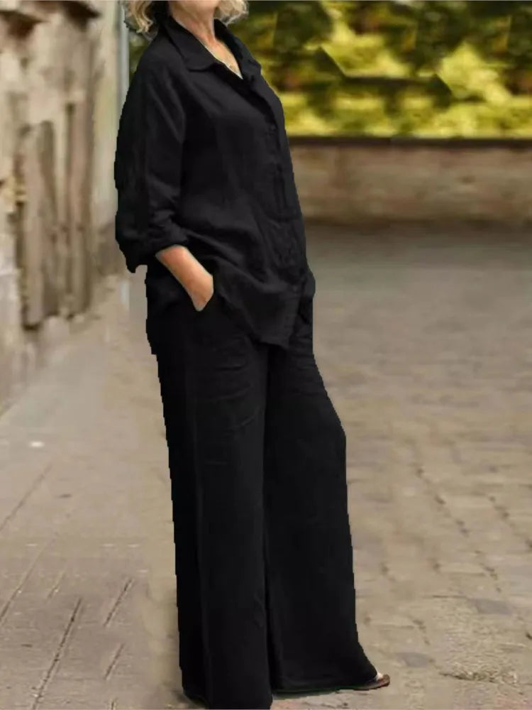 Ensemble 2 pièces en coton et lin pour femmes, chemise à manches longues, jambe large, mode féminine, bureau, printemps, automne