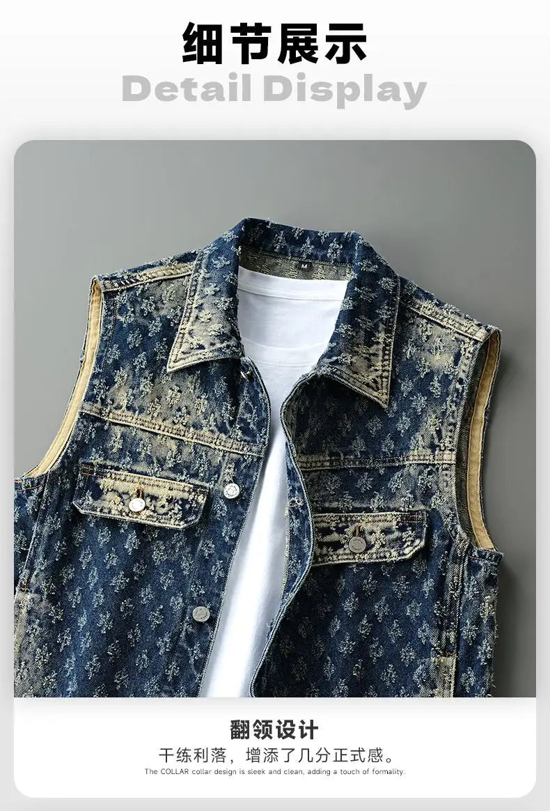 Gilet de moto en Denim pour hommes, rétro, tendance, printemps et automne, élégant, ample, Jacquard, sans manches, vêtements d'extérieur