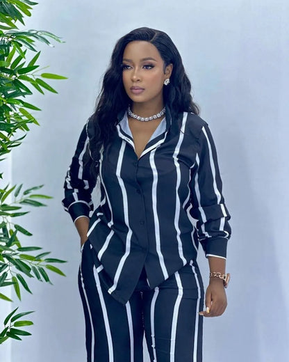Chemise à manches longues rayée imprimée pour femme, revers élégant, taille élastique, jambe large, pantalon, ensemble 2 pièces, mode automne, nouveau, 2024