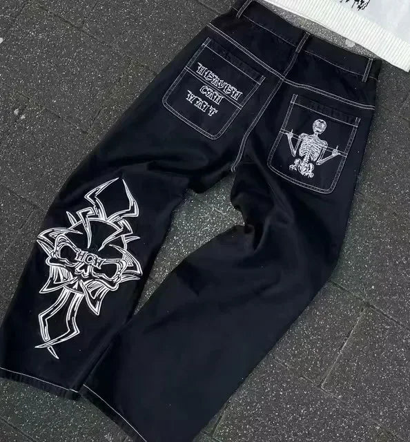 Jean Baggy Bleu Brodé avec Logo Bouddha Rétro Américain pour Femme, Pantalon Streetwear Harajuku, Jambes Larges, Fjk, Y2k, Gothique