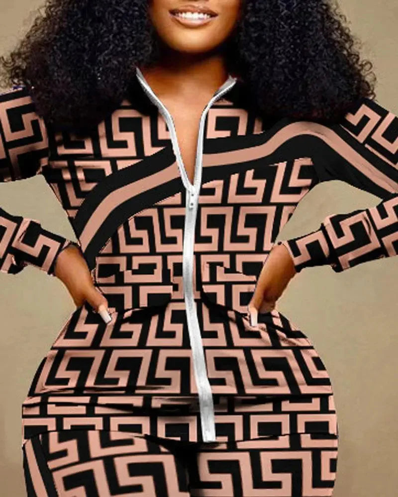 Ensemble de pantalons longs droits pour femmes, fermeture éclair imprimée, col montant, gaine, manches longues, décontracté, automne, hiver, 2024