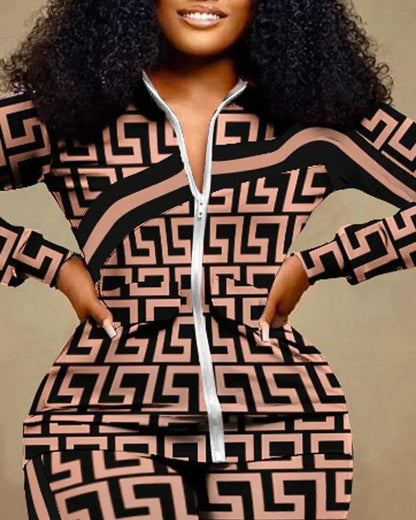 Ensemble de pantalons longs droits pour femmes, fermeture éclair imprimée, col montant, gaine, manches longues, décontracté, automne, hiver, 2024