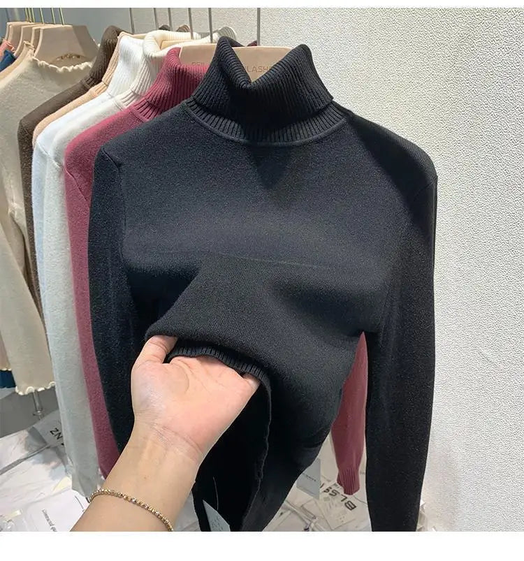 Pull épais à col haut pour femme, haut d'hiver chaud et doux, couleur unie, vêtements intérieurs, chemise à bascule, nouvelle collection 2025
