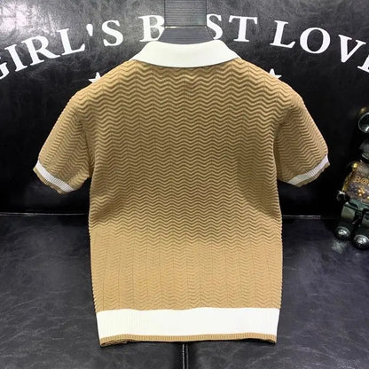 T-shirt à manches courtes en soie glacée pour hommes, pull tricoté à revers contrasté, tendance et personnalisé, décontracté, nouvelle collection été