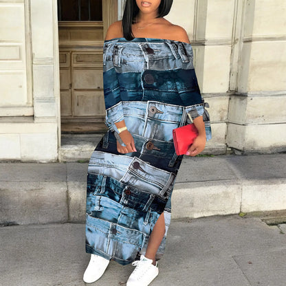 Robe en jean imprimé rétro, manches longues, coupe cintrée, élégante, décontractée, fente, col à une épaule