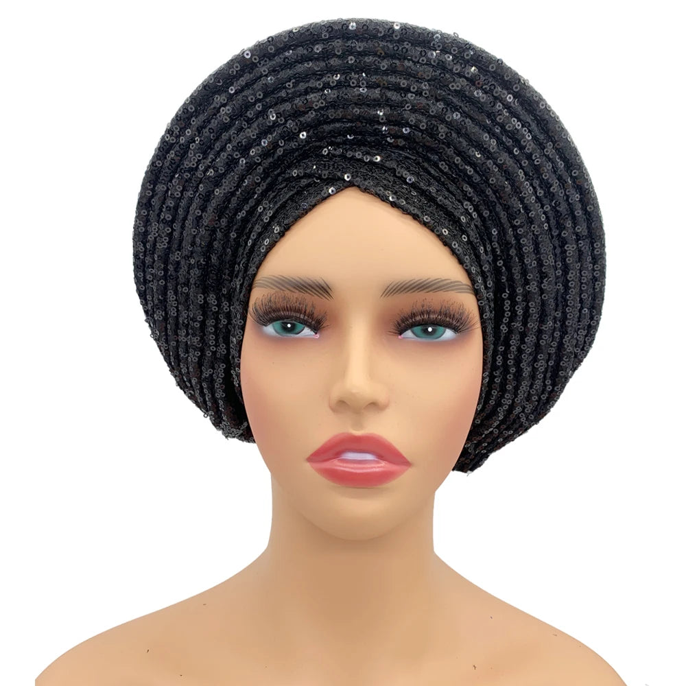Paillettes Autogele Turban casquette pour femmes prêt africain Auto Gele casque Nigeria mariage Geles femme bandeau dame casque