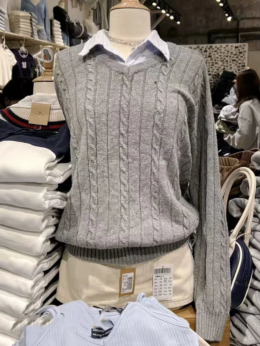 Pull Vintage à fleurs torsadées pour femme, col en V, manches longues, Style Preppy, décontracté, Streetwear, haut Chic, automne