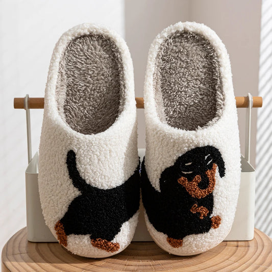 Pantoufles d'hiver pour femmes, mignonnes et intéressantes, dessin animé petit chien noir, intérieur chaud, confort, maison, chambre à coucher, chaussures en peluche douces et décontractées