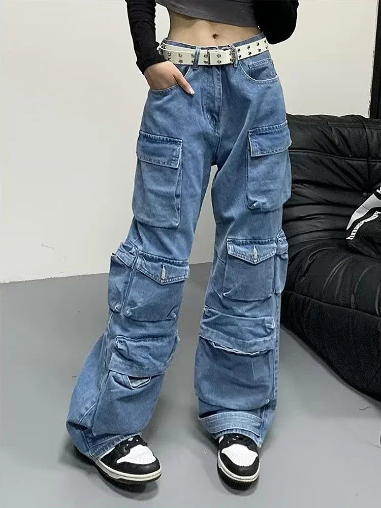 Jean Baggy à jambes larges pour femmes, pantalon Cargo multi-poches, nouvelle mode Harajuku Y2K, Streetwear, jean bleu délavé, 2025