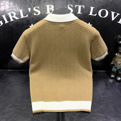 T-shirt à manches courtes en soie glacée pour hommes, pull tricoté à revers contrasté, tendance et personnalisé, décontracté, nouvelle collection été