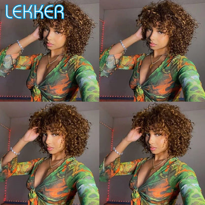 Lekker couleur courte Pixie Afro crépus bouclés Bob 100% perruques de cheveux humains avec frange pour les femmes brésilien Remy cheveux Ombre brun perruques