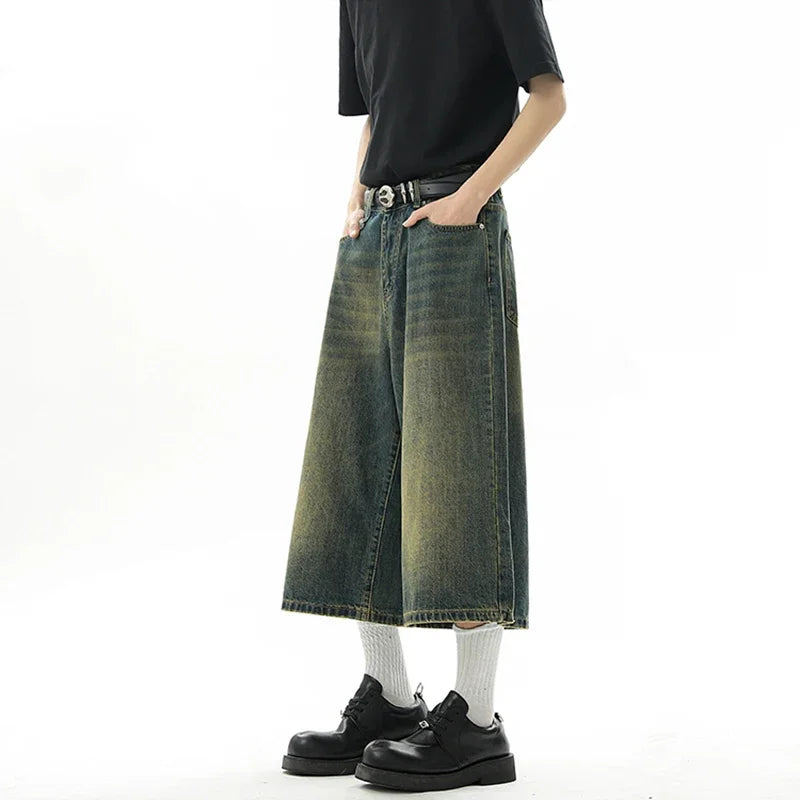 Short en Denim Baggy pour hommes, mode rétro décontractée, ample, jambes larges, longueur mollet, Streetwear Y2K, Style coréen