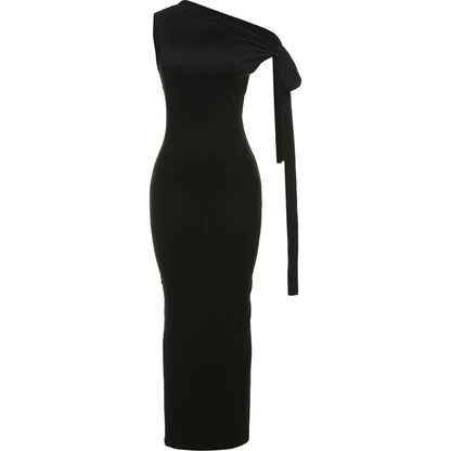 Bizarre chat une épaule robe femme été Sexy solide élégant noeud pansement sans manches moulage Simple fête maigre robes