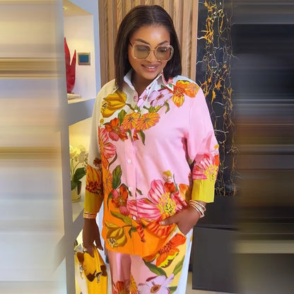 Chemise Vintage décontractée à imprimé Floral pour femmes, col rabattu, pantalon ample, chemisier, ensemble deux pièces, tenues de vacances printemps et été