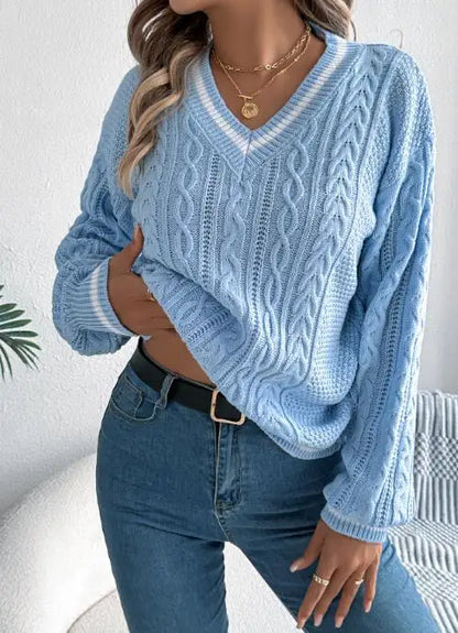 Pull femme 2025 mode Style décontracté automne hiver nouvelle couleur bloquant col en v pâte frite torsion lanterne à manches longues pull