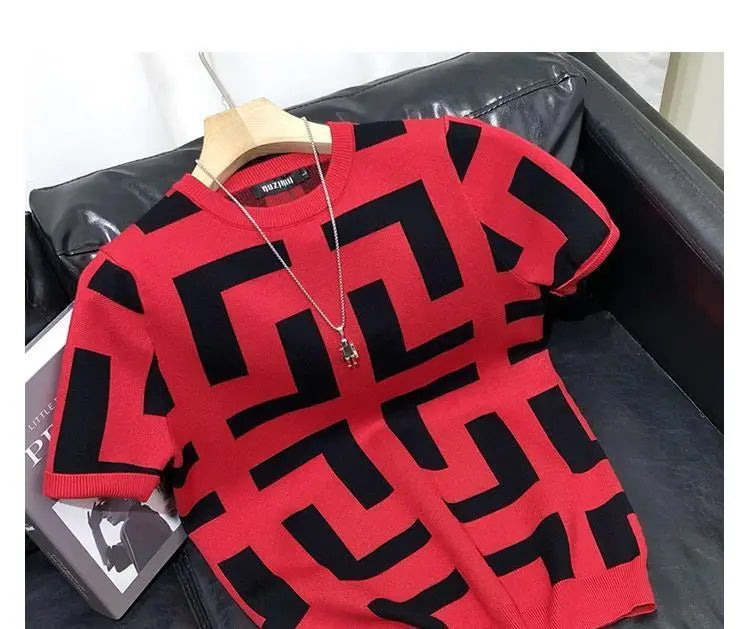 T-shirt à manches courtes Ice Inj, col rond, conception haut de gamme, fouet, imprimé géométrique, loisirs simples, mode estivale, nouveau, 2024