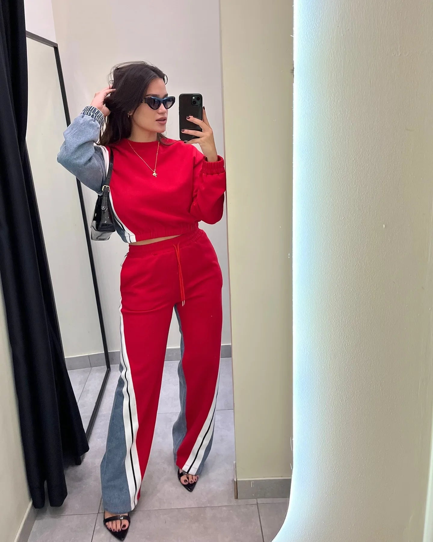 Ensemble pantalon deux pièces pour femmes, col rond, assorti, sweat-shirt, hauts, jambes larges, pantalons longs, décontracté, ample, taille élastique, Denim