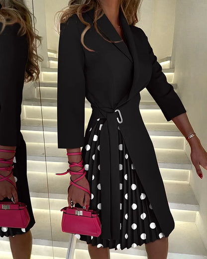 Robe mi-longue plissée à col en V pour femmes, taille à lacets, manches mi-longues, mode chic, robe de bureau élégante