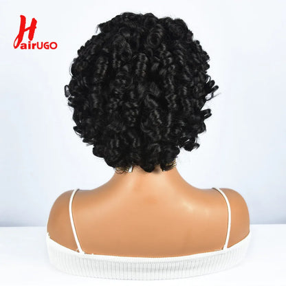 Hairugo-Perruque de Cheveux Humains Bouclés Coupe Pixie à Reflets, Sans Colle, avec Frange Entièrement Fabriquée à la Machine