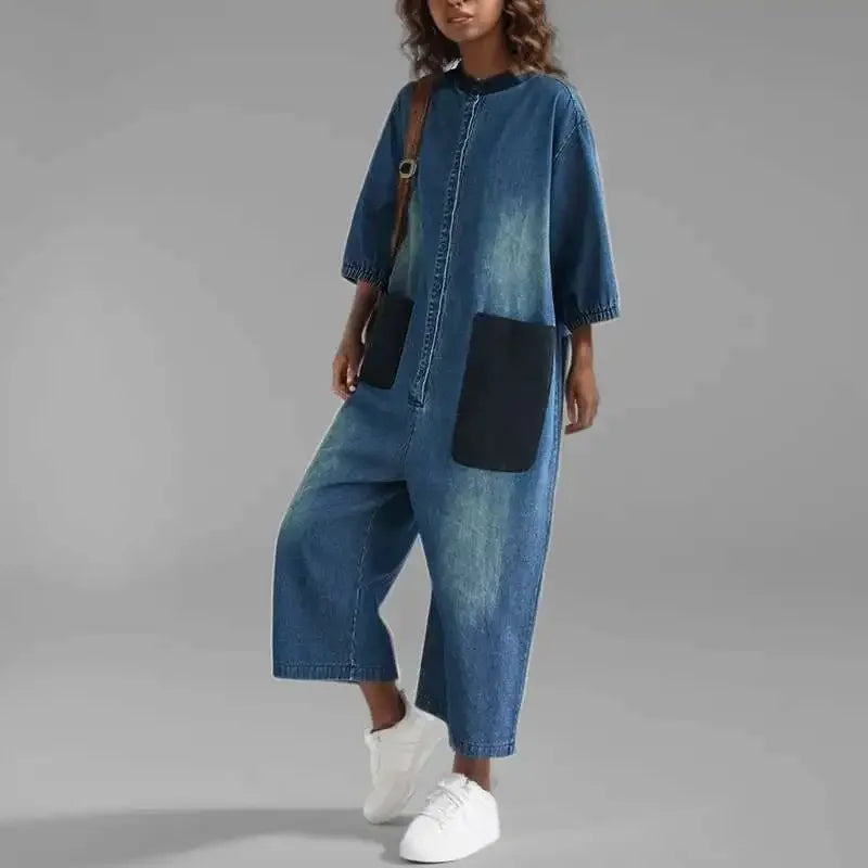 Combinaisons en Denim avec poches Patchwork pour femmes, nouveaux articles, col rond, simple boutonnage, pantalon élastique à manches courtes