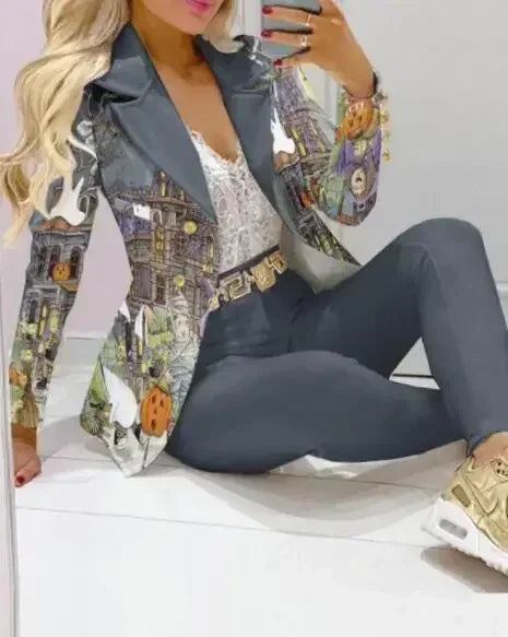 Ensemble Blazer et pantalon à col à revers imprimé à carreaux pour femmes, 2 pièces, vêtements, costume, pantalon, mode printemps-automne décontractée