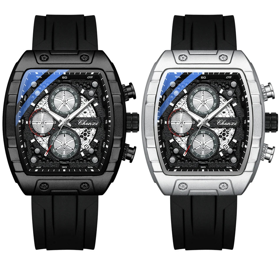 CHENXI-Montre de sport à quartz pour homme, bracelet en silicone noir, chronographe, date, marque originale, mode