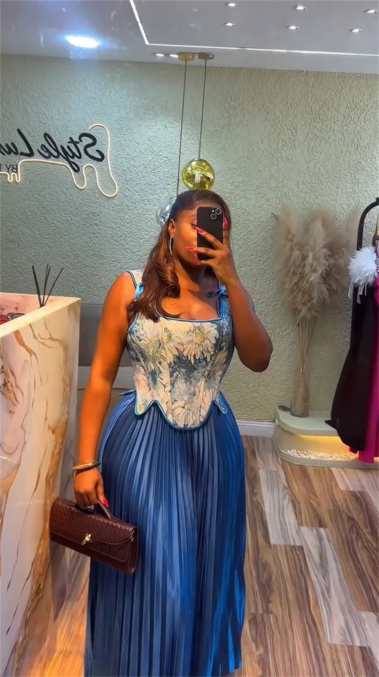 CM.YAYA ensemble femme imprimé fleuri taille cintrée gilet + jupes longues plissées costume 2025 fête soirée rue deux 2 pièces ensemble tenue