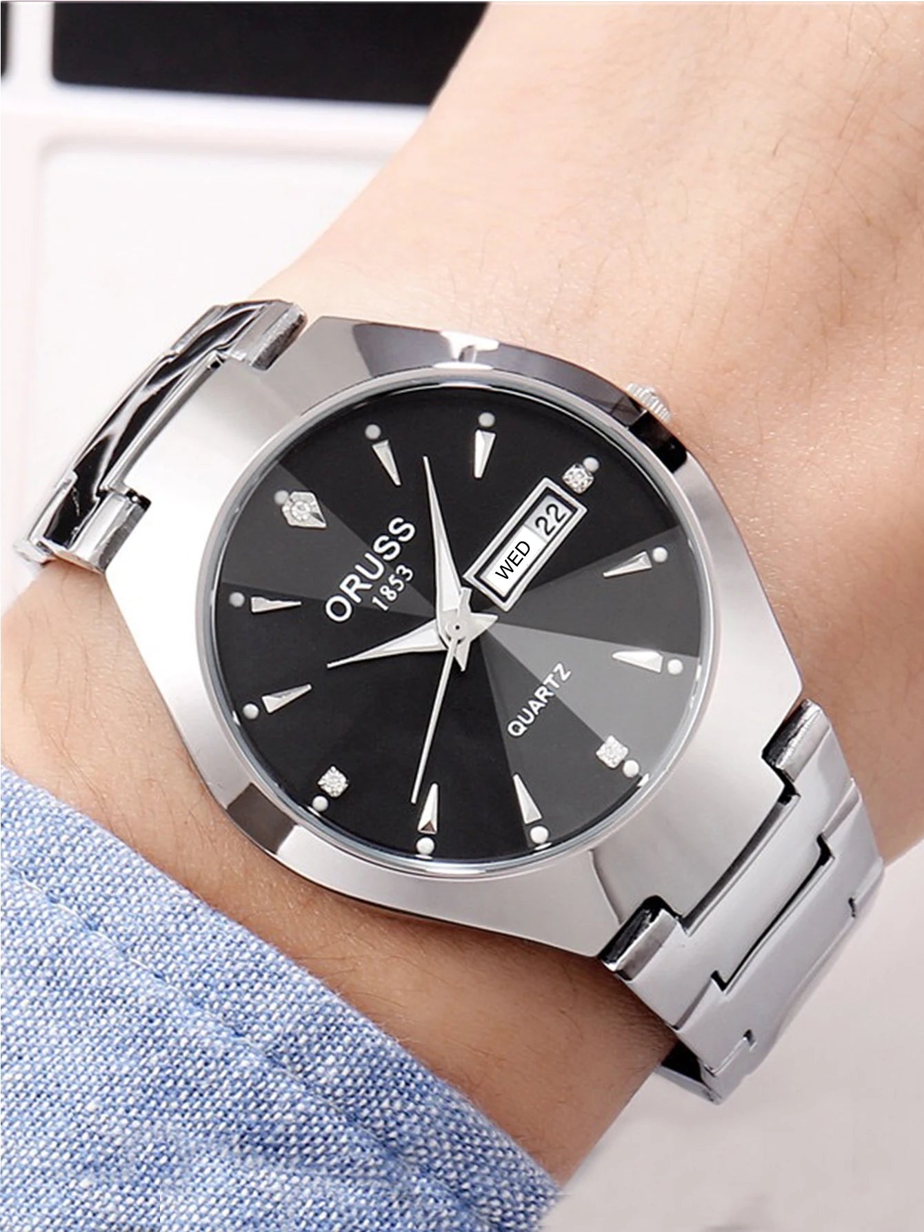 ORUSS-Montre de couple étanche pour hommes et femmes, quartz, acier inoxydable, date, semaine, horloge, cadeau pour amoureux, mode décontractée