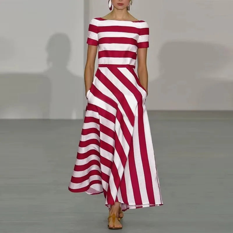 Robe élégante à rayures à manches courtes pour femmes, taille haute, ligne a, col rond, pull, vêtements d'été tendance, 2025