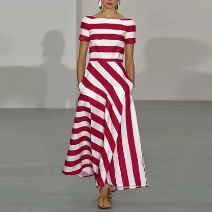 Robe élégante à rayures à manches courtes pour femmes, taille haute, ligne a, col rond, pull, vêtements d'été tendance, 2025