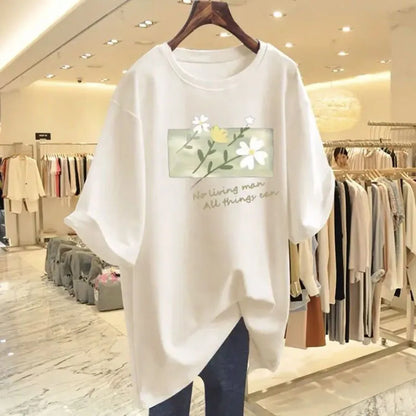 T-shirt manches courtes col rond femme, pur coton, imprimé floral, basique, décontracté, à la mode, été, chic, 45-105 noix