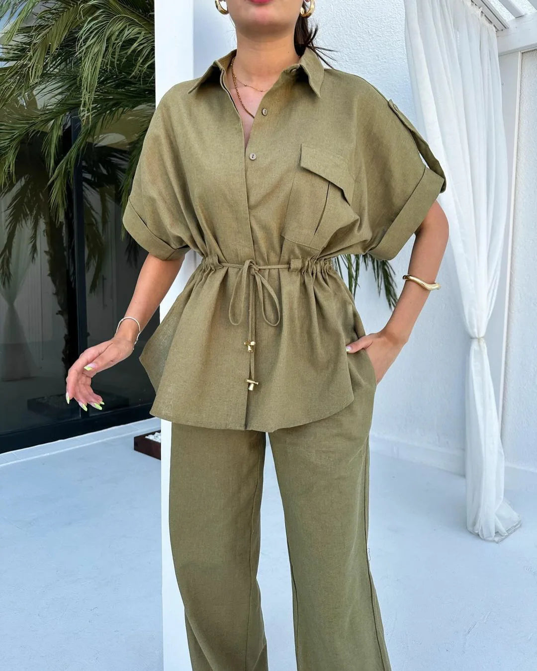 Ensemble deux pièces pour femmes, streetwear, décontracté, à la mode, pour les travailleuses, avec poche, collection été 2024