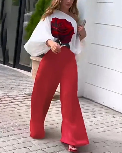 Ensemble deux pièces décontracté pour femmes, vêtements d'été pour femmes, T-shirt à manches lanternes et col incliné imprimé Rose, haut et pantalon à jambes larges, 2025