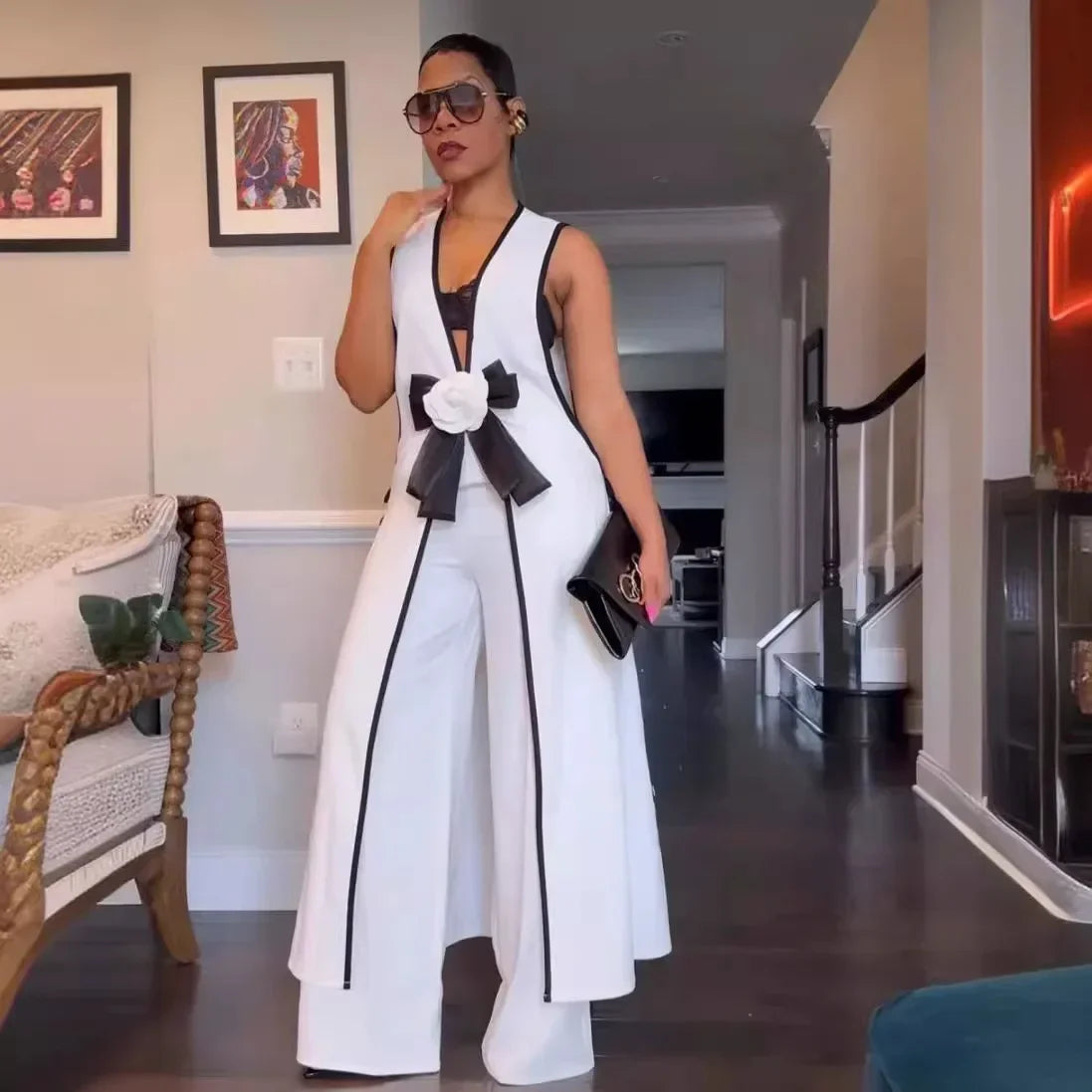 Ensemble de survêtement assressentipour femme, pantalon à glaçure épissée, pantalon à jambe large, longueur de rinçage, élégant, travail de rue, 2 pièces