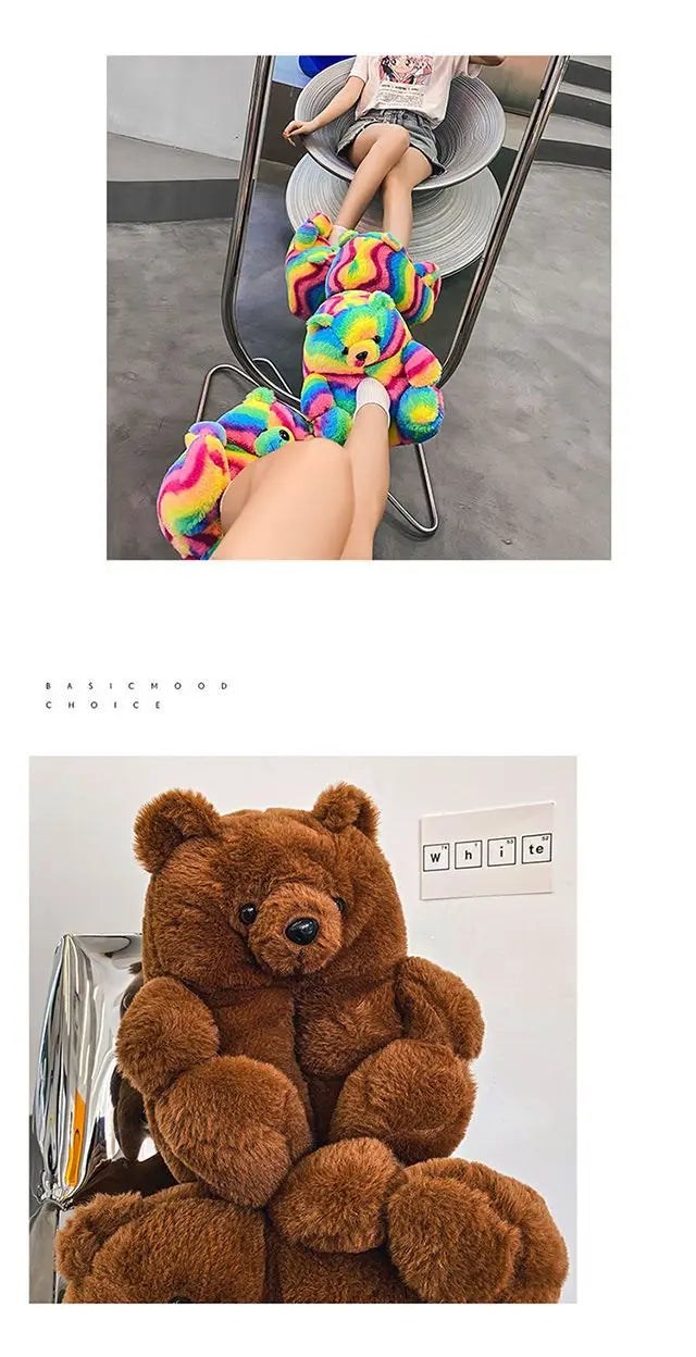 Pantoufles roses en fourrure d'animal à enfiler, chaussures d'ours moelleuses pour la maison, pantoufles d'intérieur chaudes et pelucheuses, tongs de maison, expédition rapide