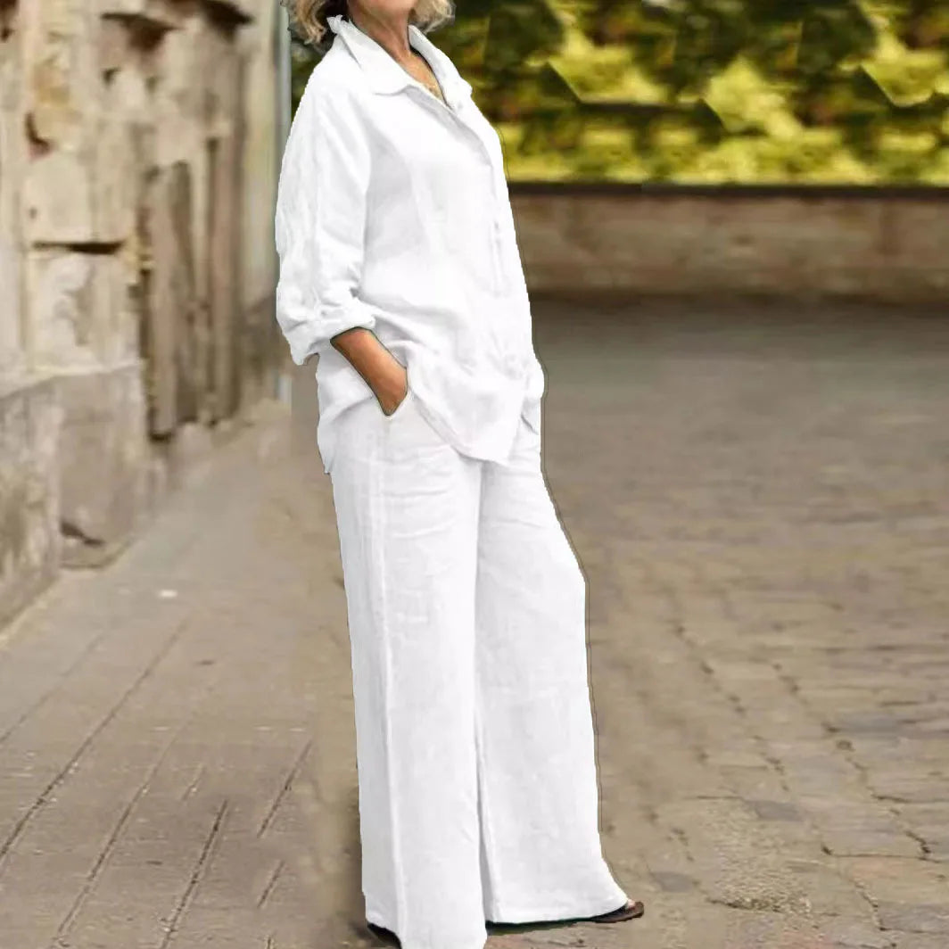 Ensemble 2 pièces en coton et lin pour femmes, chemise à manches longues, jambe large, mode féminine, bureau, printemps, automne