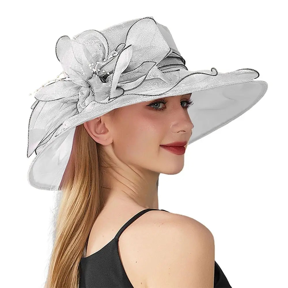 Chapeau Derby à fleurs de couleur unie pour femmes, en Organza à large bord, à volants, chapeau de soleil pliable, Protection UV, pour fête de thé, mariage