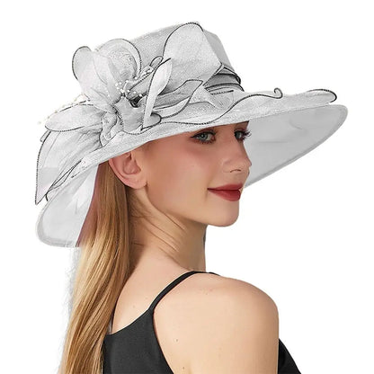 Chapeau Derby à fleurs de couleur unie pour femmes, en Organza à large bord, à volants, chapeau de soleil pliable, Protection UV, pour fête de thé, mariage