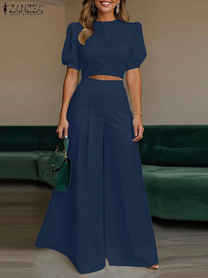 BS -  rue mode femme 2 pièces ensembles élégant manches courtes bouffantes haut court pantalon à jambes larges 2 pièces tenue élégant bureau pantalon ensembles