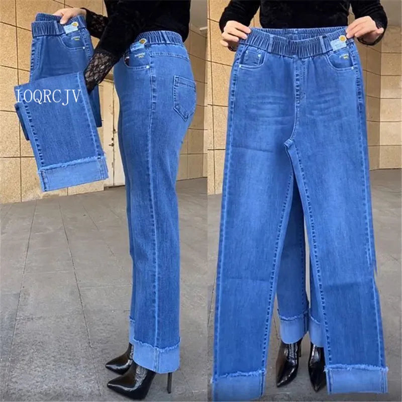 Jean femme d'âge moyen printemps automne taille extensible pantalon en Denim droit grande taille ample taille haute décontractée noir bleu pantalon