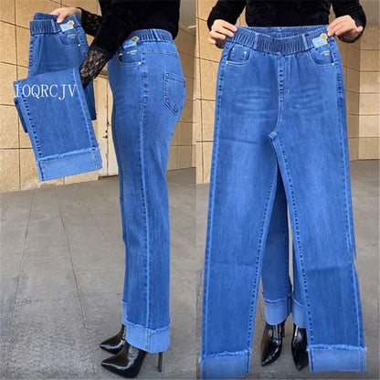 Jean femme d'âge moyen printemps automne taille extensible pantalon en Denim droit grande taille ample taille haute décontractée noir bleu pantalon
